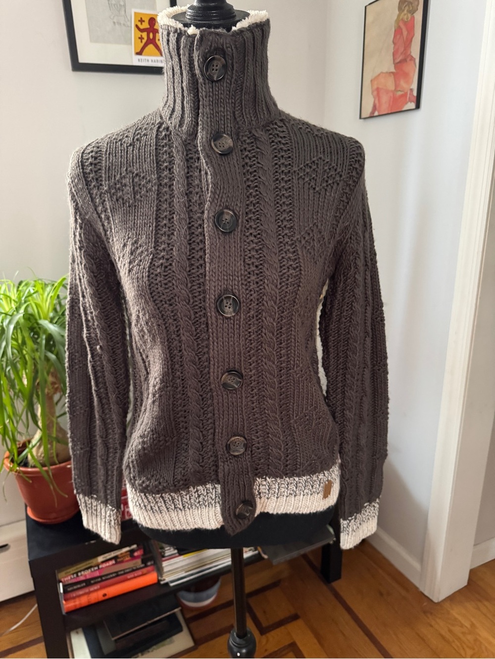 Button-Front Cable Knit Cardigan in Dark Brown with Cream Trim